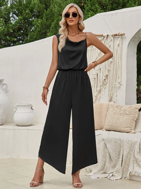 Elegant Solid One-Shoulder Blouson Jumpsuit for Women - Full-Length Wide-Leg Playsuit
