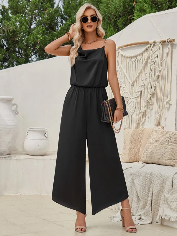 Elegant Solid One-Shoulder Blouson Jumpsuit for Women - Full-Length Wide-Leg Playsuit