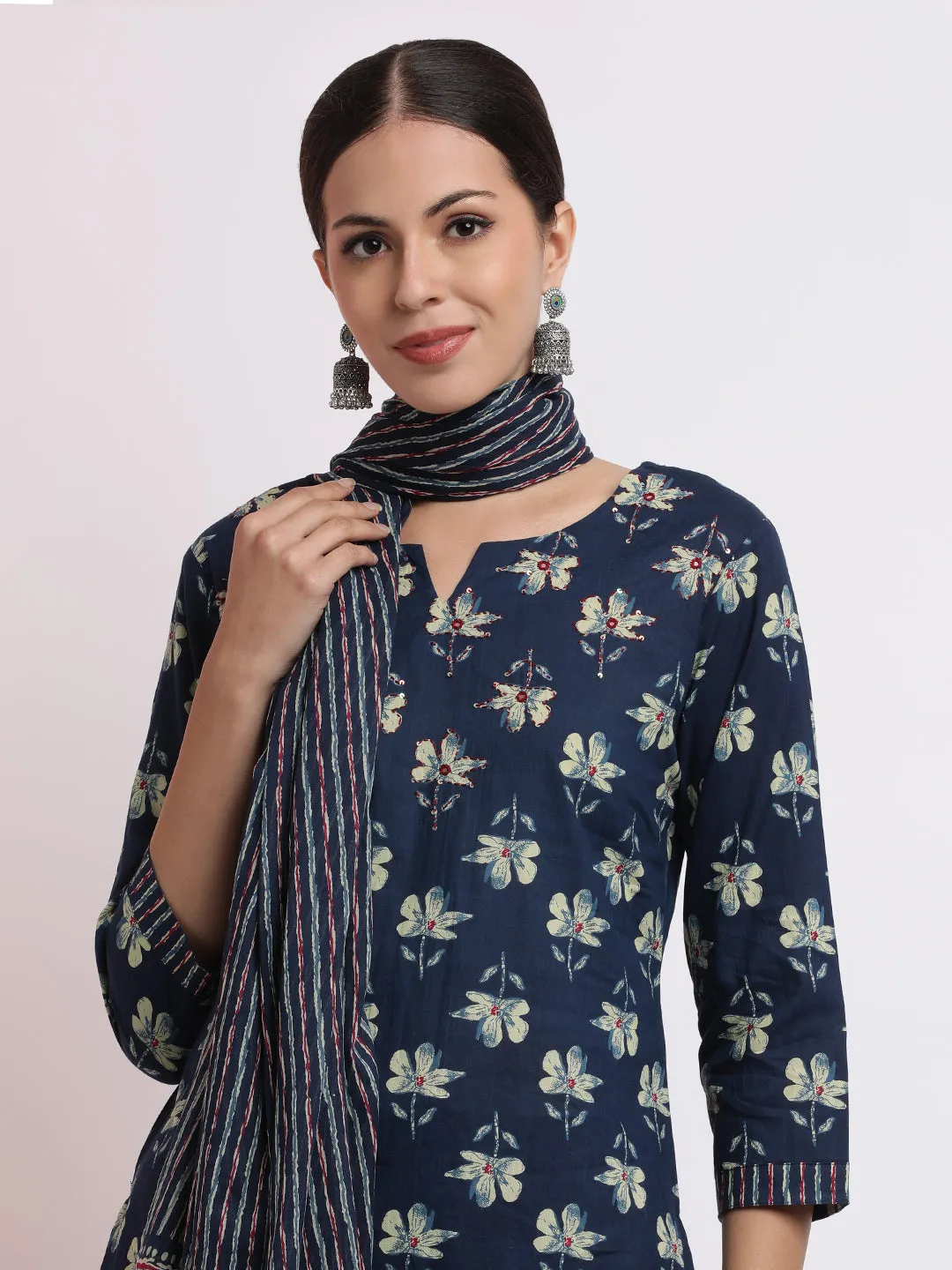 Embroidered Cotton Kurta Set With Dupatta