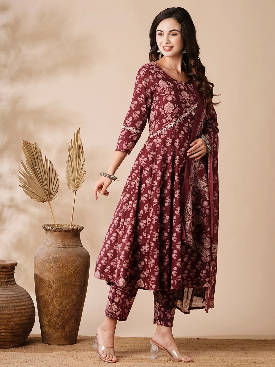 Floral Printed & Embroidered Anarkali with Pant & Pure Cotton Dupatta - Purple