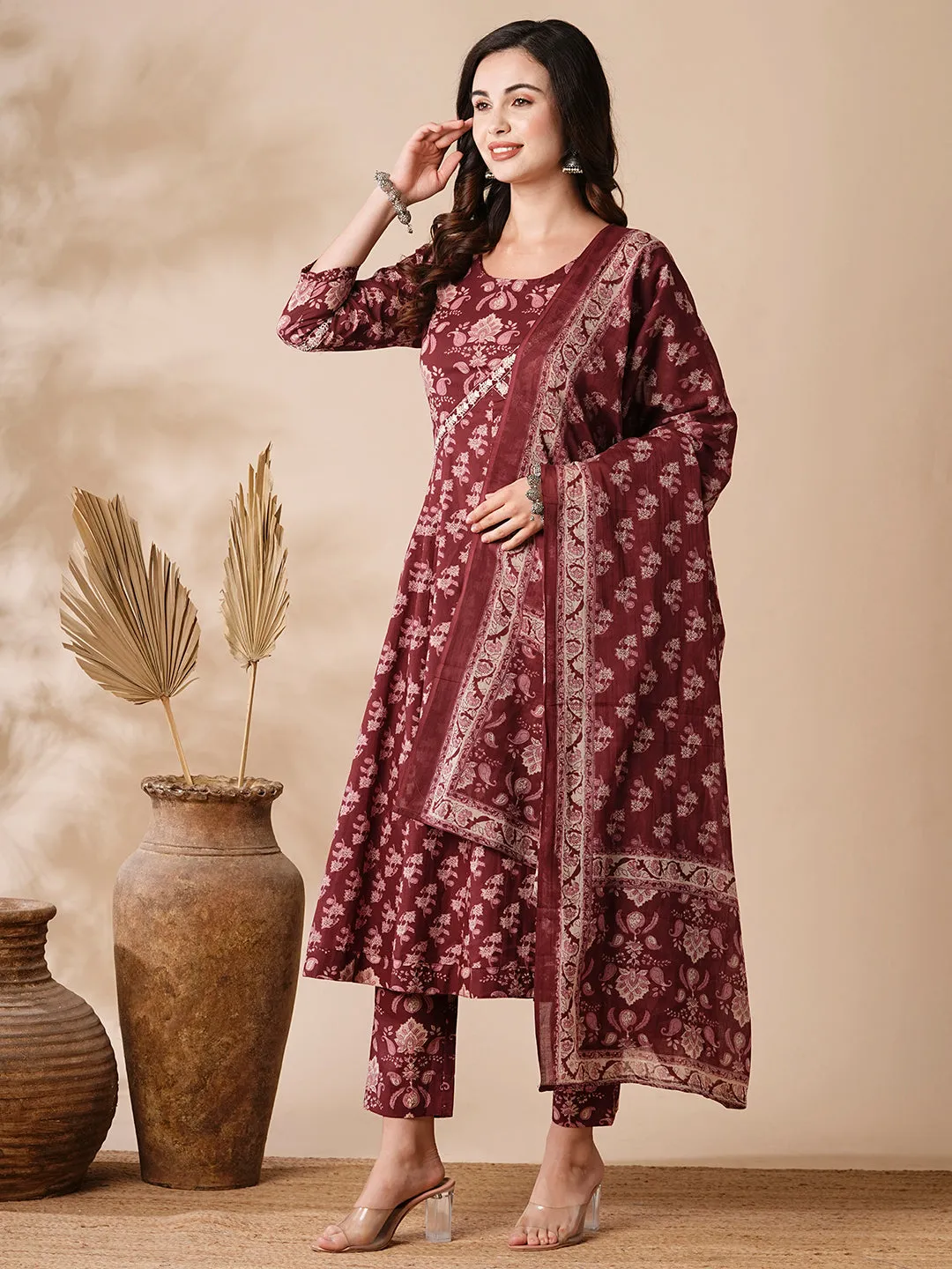 Floral Printed & Embroidered Anarkali with Pant & Pure Cotton Dupatta - Purple