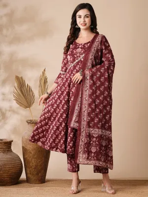 Floral Printed & Embroidered Anarkali with Pant & Pure Cotton Dupatta - Purple