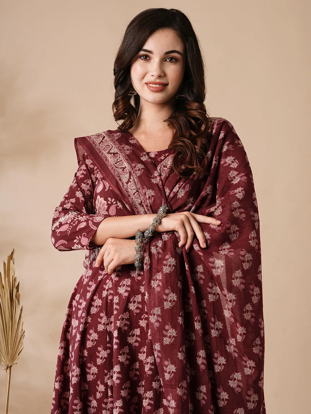 Floral Printed & Embroidered Anarkali with Pant & Pure Cotton Dupatta - Purple