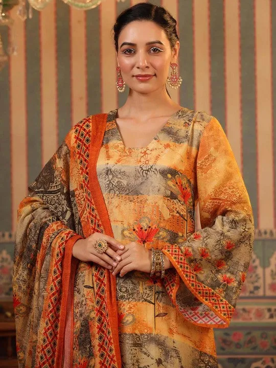 Floral Printed Regular Silk Crepe Kurta with Trousers & With Dupatta