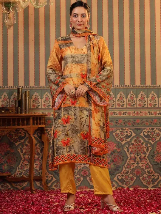 Floral Printed Regular Silk Crepe Kurta with Trousers & With Dupatta