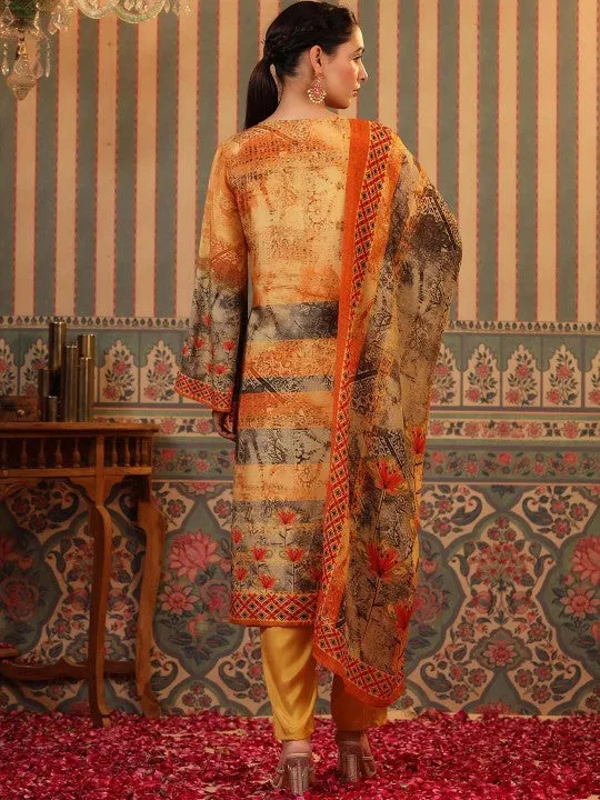 Floral Printed Regular Silk Crepe Kurta with Trousers & With Dupatta