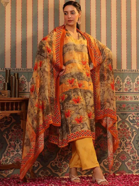 Floral Printed Regular Silk Crepe Kurta with Trousers & With Dupatta