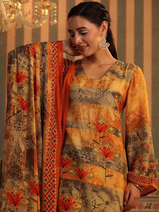 Floral Printed Regular Silk Crepe Kurta with Trousers & With Dupatta