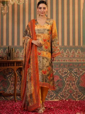 Floral Printed Regular Silk Crepe Kurta with Trousers & With Dupatta