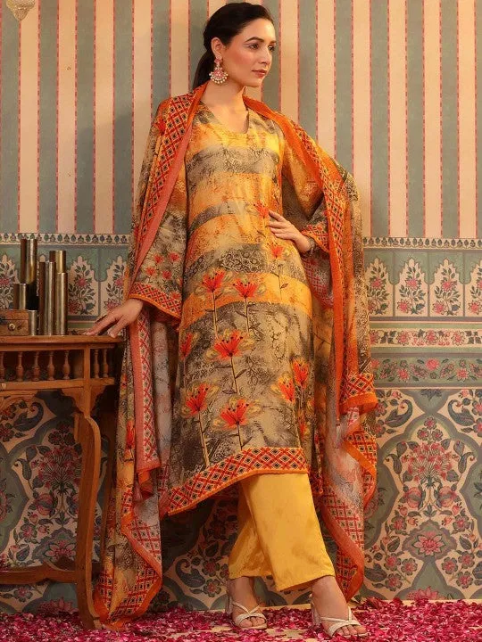 Floral Printed Regular Silk Crepe Kurta with Trousers & With Dupatta