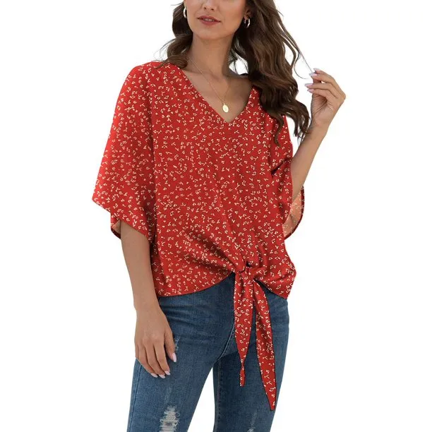 Floral Women Blouses Batwing Sleeve Tie Front Female Summer Shirts