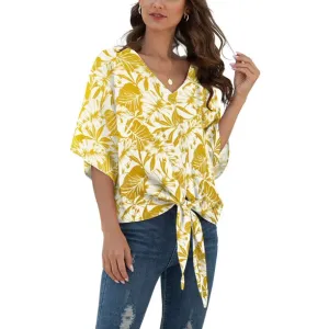Floral Women Blouses Batwing Sleeve Tie Front Female Summer Shirts