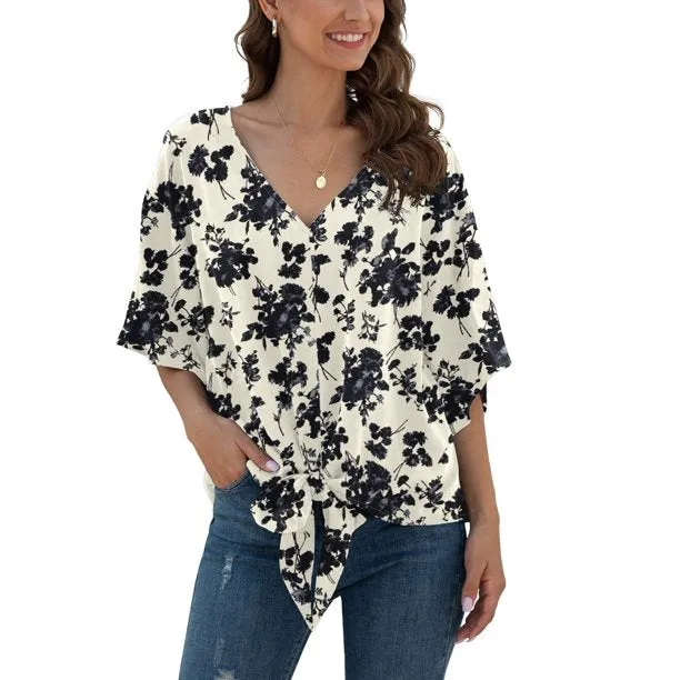 Floral Women Blouses Batwing Sleeve Tie Front Female Summer Shirts