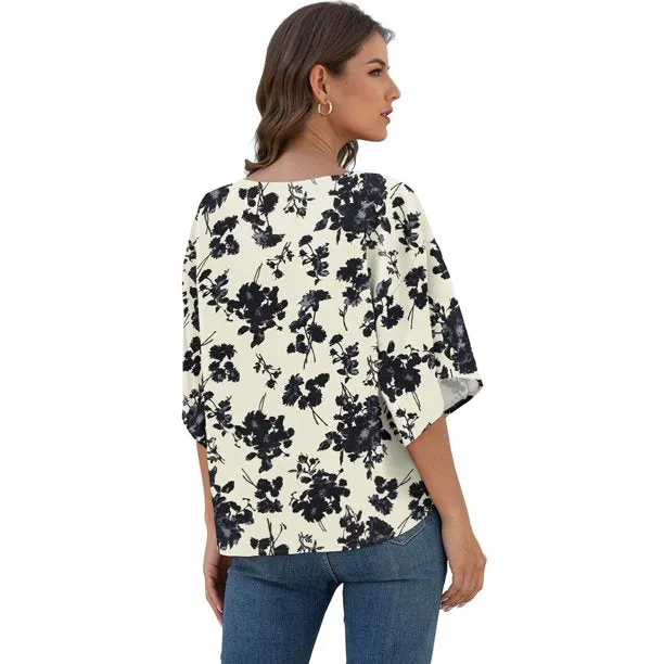 Floral Women Blouses Batwing Sleeve Tie Front Female Summer Shirts