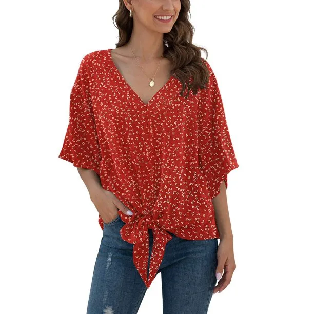 Floral Women Blouses Batwing Sleeve Tie Front Female Summer Shirts