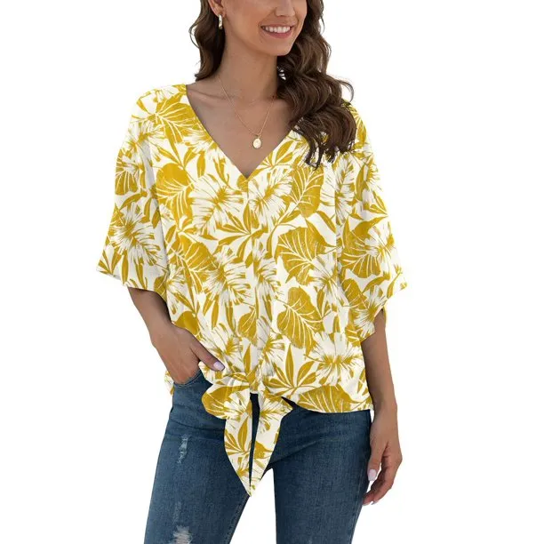 Floral Women Blouses Batwing Sleeve Tie Front Female Summer Shirts