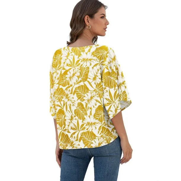 Floral Women Blouses Batwing Sleeve Tie Front Female Summer Shirts
