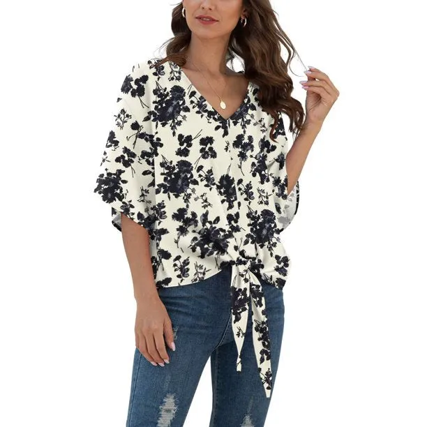 Floral Women Blouses Batwing Sleeve Tie Front Female Summer Shirts