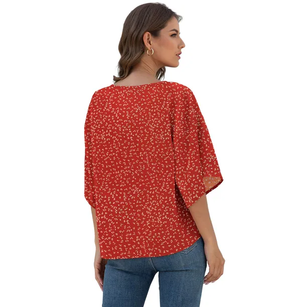 Floral Women Blouses Batwing Sleeve Tie Front Female Summer Shirts