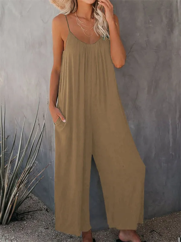 Loose Full-Length Cami Playsuit - Solid Oversized Jumpsuit