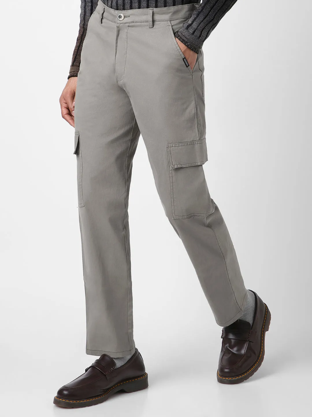 Men's Light Grey Regular Fit Solid Cargo Chino Pant with 6 Pockets Stretchable