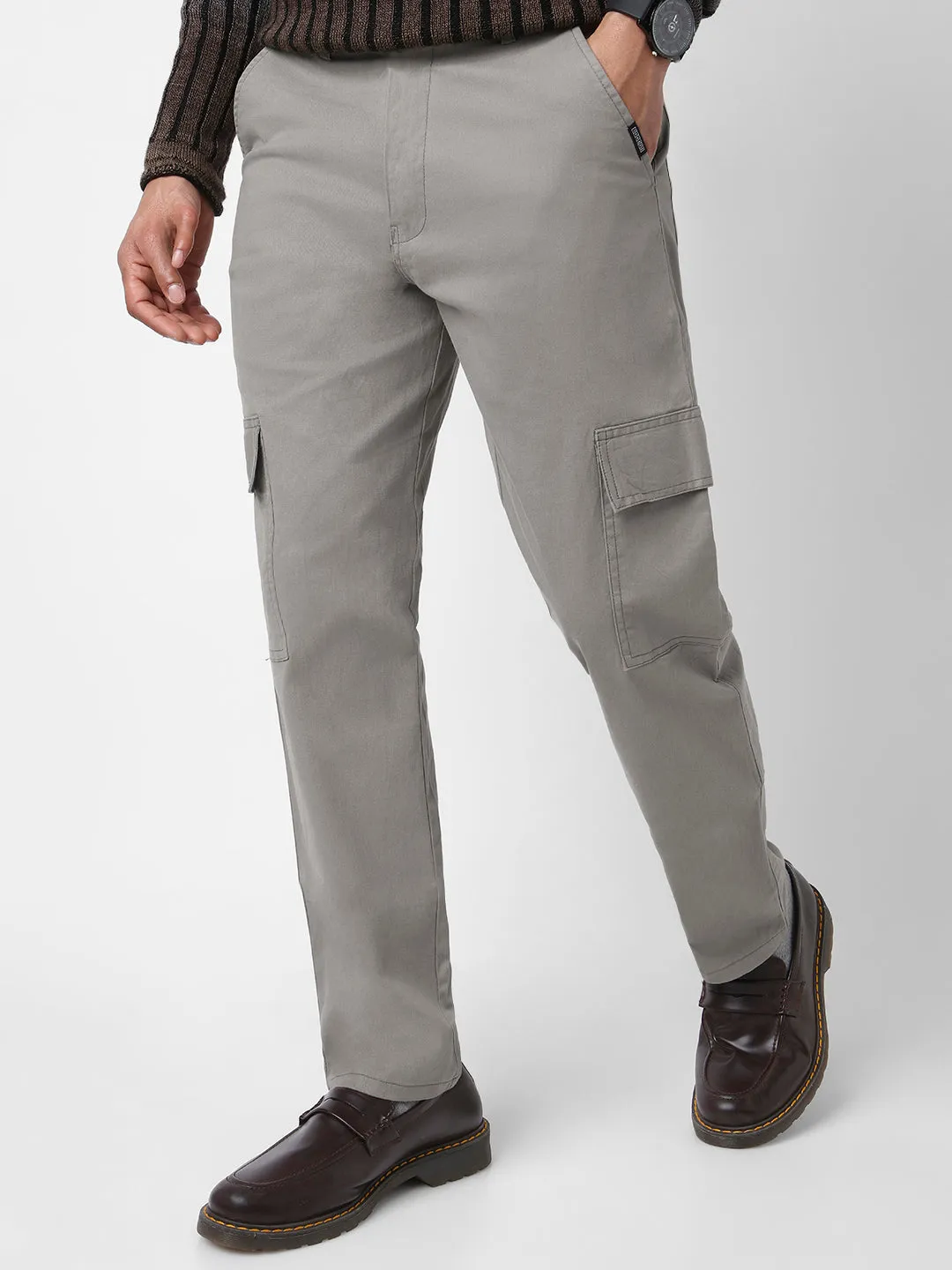 Men's Light Grey Regular Fit Solid Cargo Chino Pant with 6 Pockets Stretchable