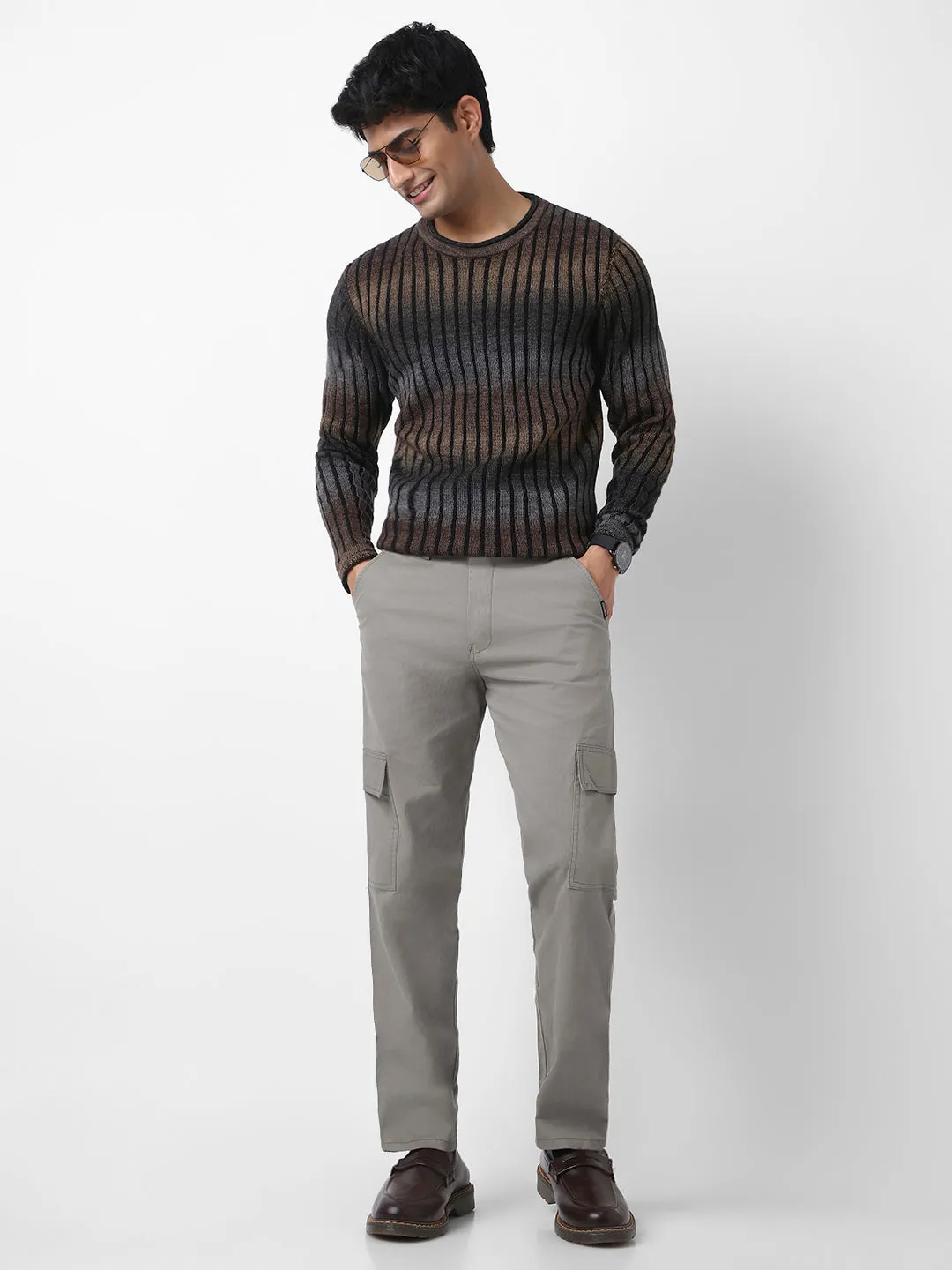 Men's Light Grey Regular Fit Solid Cargo Chino Pant with 6 Pockets Stretchable