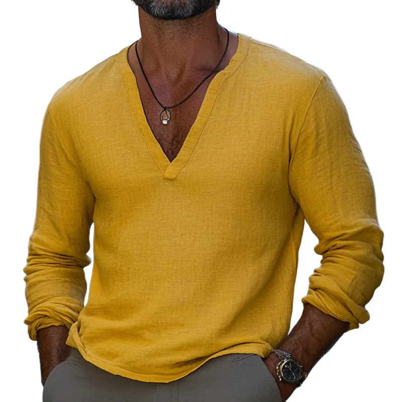 Men's Stylish and Comfortable Linen Solid Color V-neck Long-sleeved T-shirt 03930036F