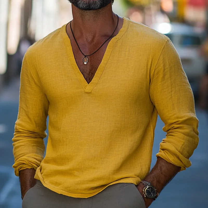 Men's Stylish and Comfortable Linen Solid Color V-neck Long-sleeved T-shirt 03930036F