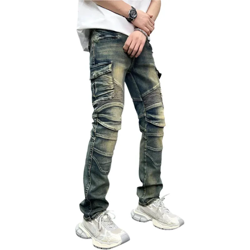 Men's Vintage Baggy Jeans - Slim Fit Monkey Wash Cargo Denim Pants for Streetwear & Motorcycle Style