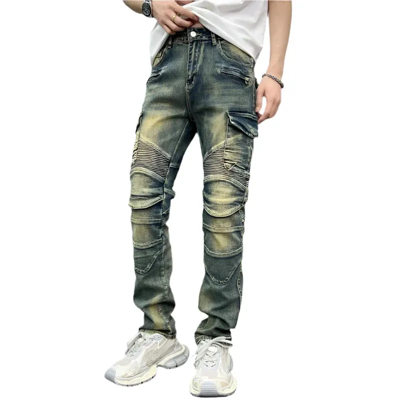 Men's Vintage Baggy Jeans - Slim Fit Monkey Wash Cargo Denim Pants for Streetwear & Motorcycle Style