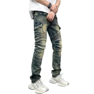 Men's Vintage Baggy Jeans - Slim Fit Monkey Wash Cargo Denim Pants for Streetwear & Motorcycle Style