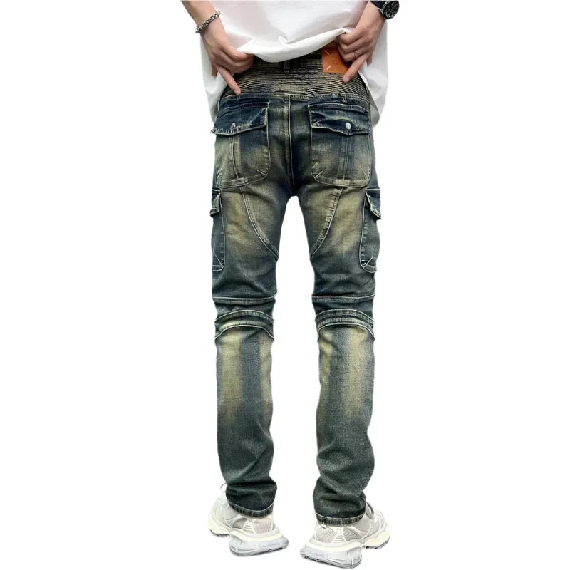Men's Vintage Baggy Jeans - Slim Fit Monkey Wash Cargo Denim Pants for Streetwear & Motorcycle Style
