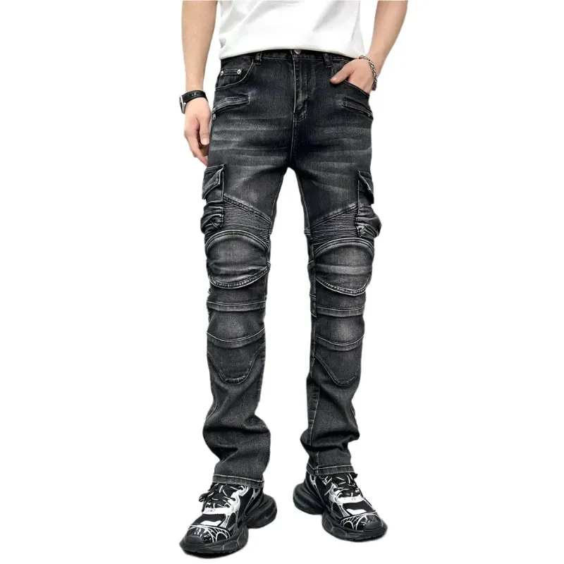 Men's Vintage Baggy Jeans - Slim Fit Monkey Wash Cargo Denim Pants for Streetwear & Motorcycle Style