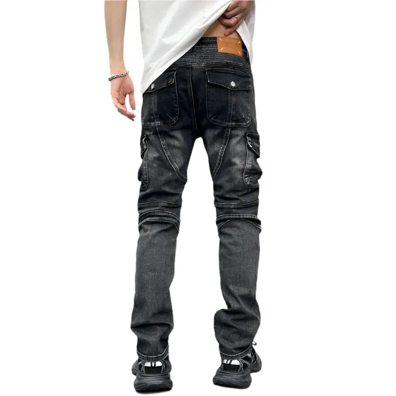 Men's Vintage Baggy Jeans - Slim Fit Monkey Wash Cargo Denim Pants for Streetwear & Motorcycle Style