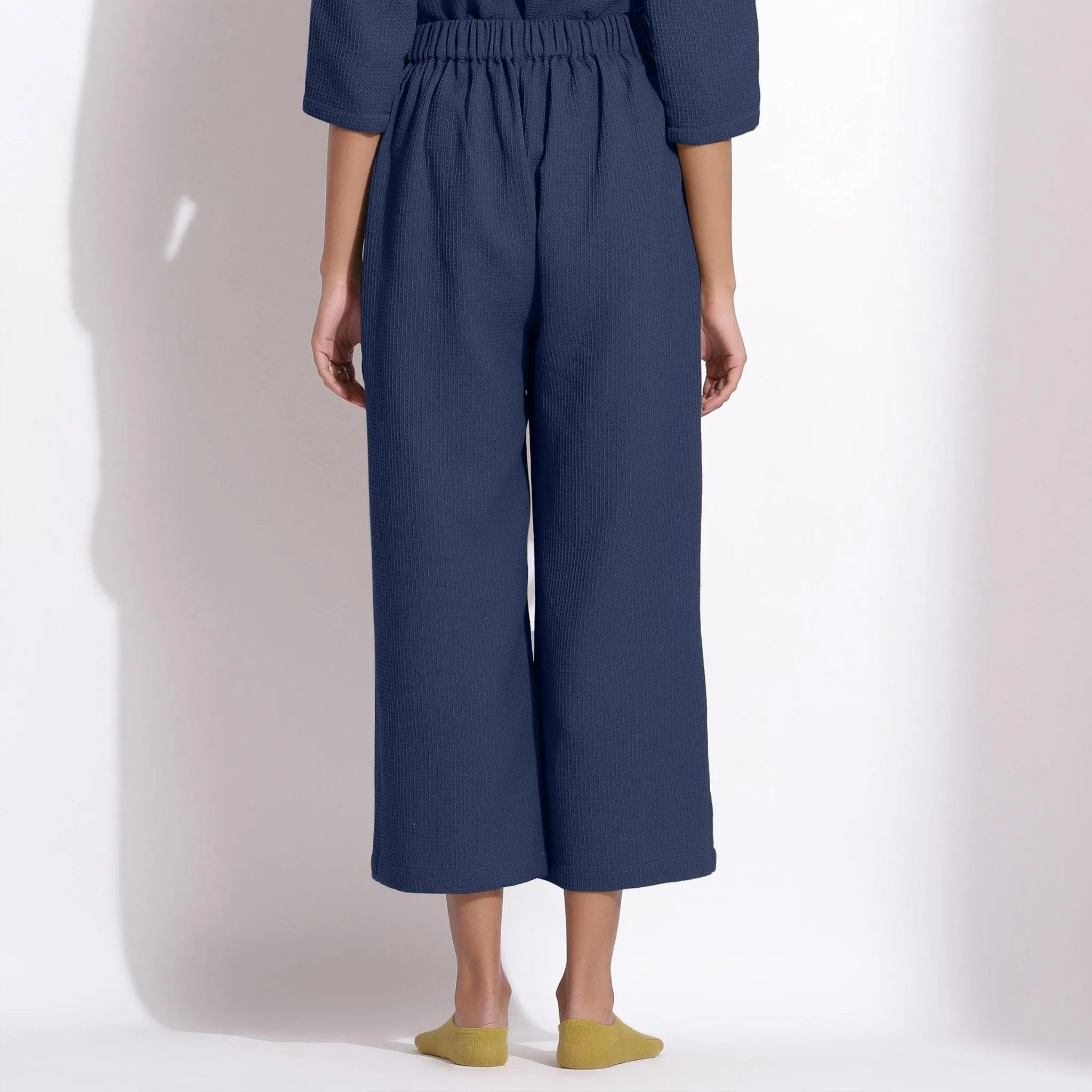 Navy Blue Warm Cotton Waffle Top and Culottes Pant Co-ord Set