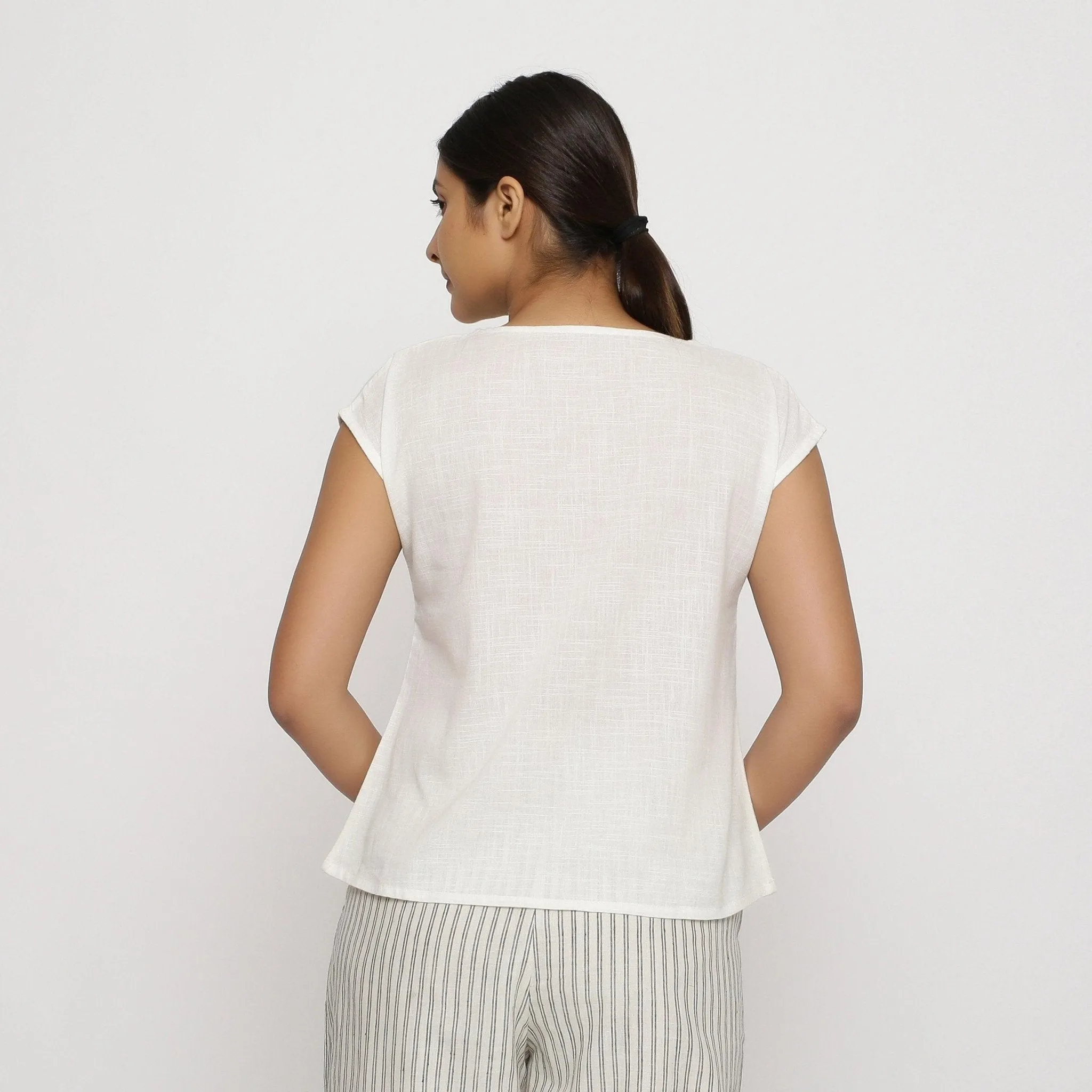 Off-White 100% Cotton Round Neck Cap Sleeve Top