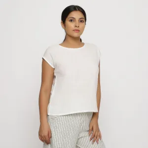 Off-White 100% Cotton Round Neck Cap Sleeve Top
