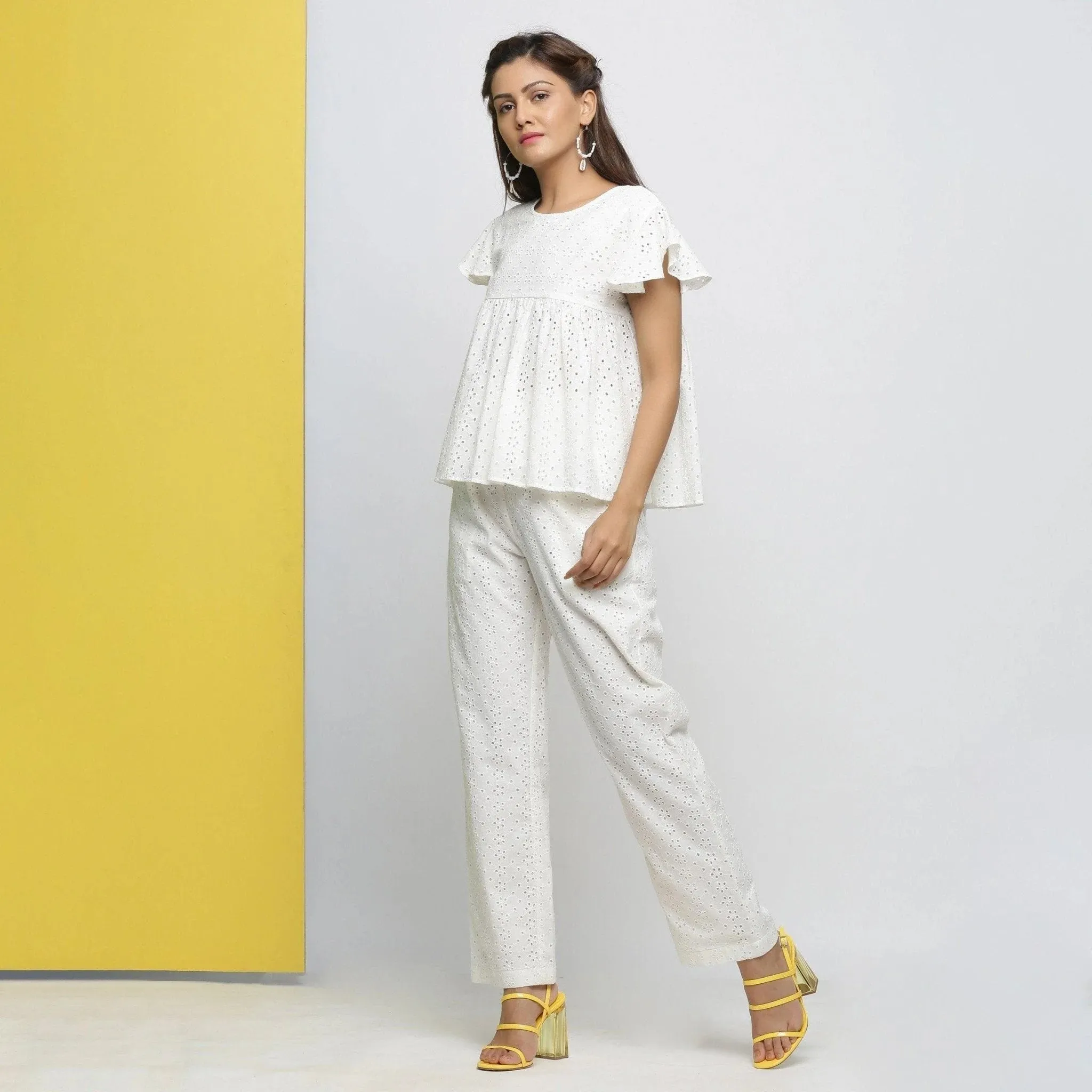 Off-White Floral Cotton Schiffli Yoked Top