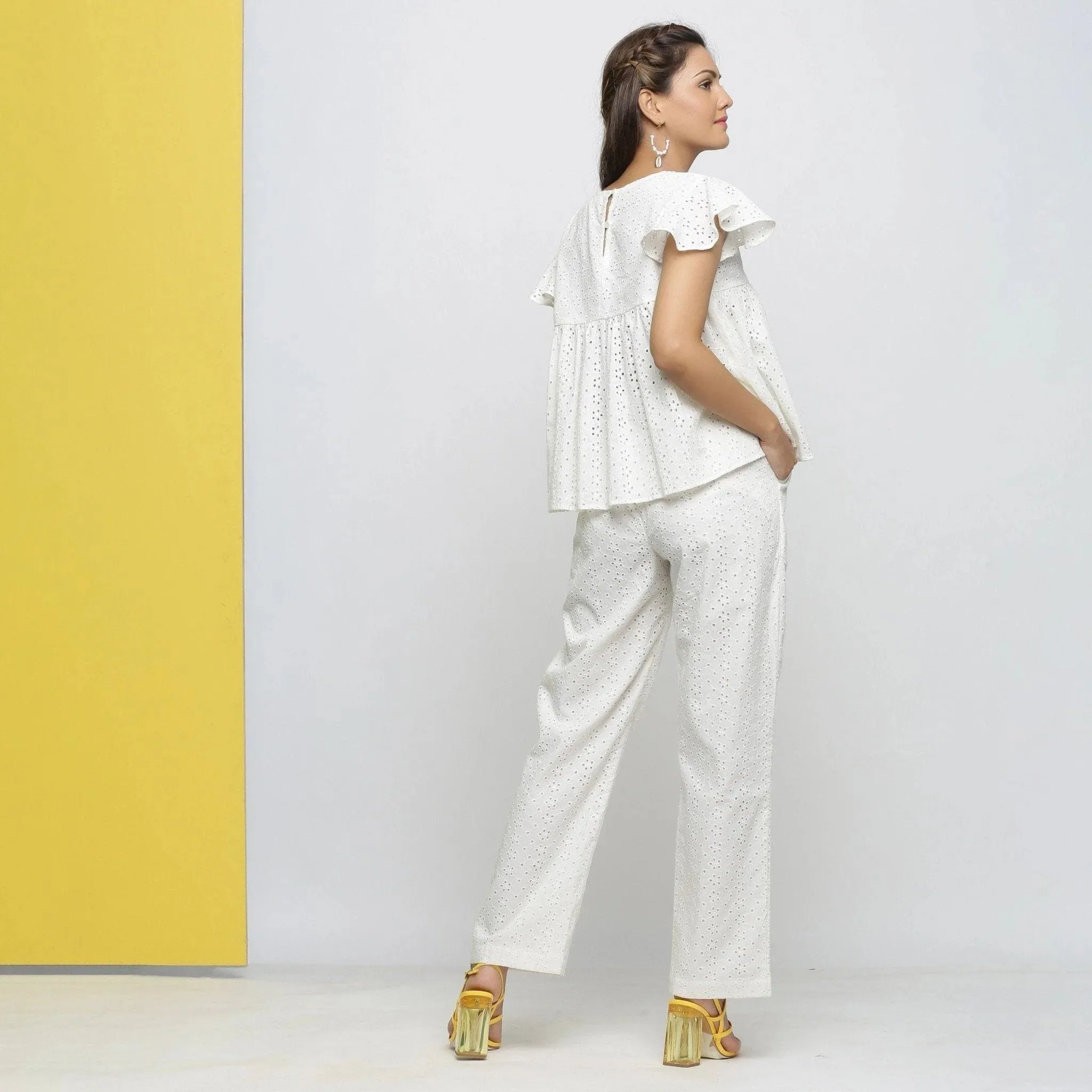 Off-White Floral Cotton Schiffli Yoked Top