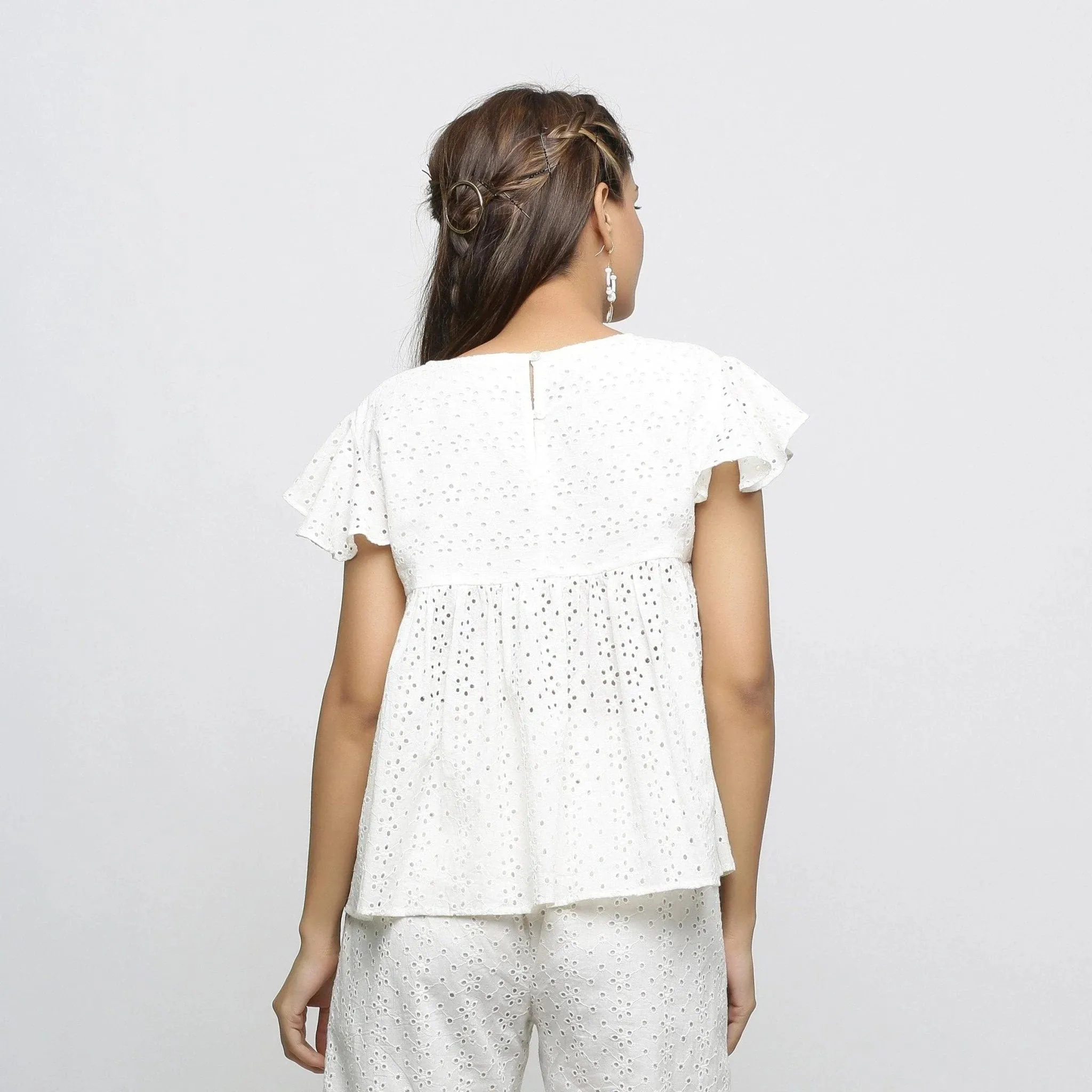 Off-White Floral Cotton Schiffli Yoked Top