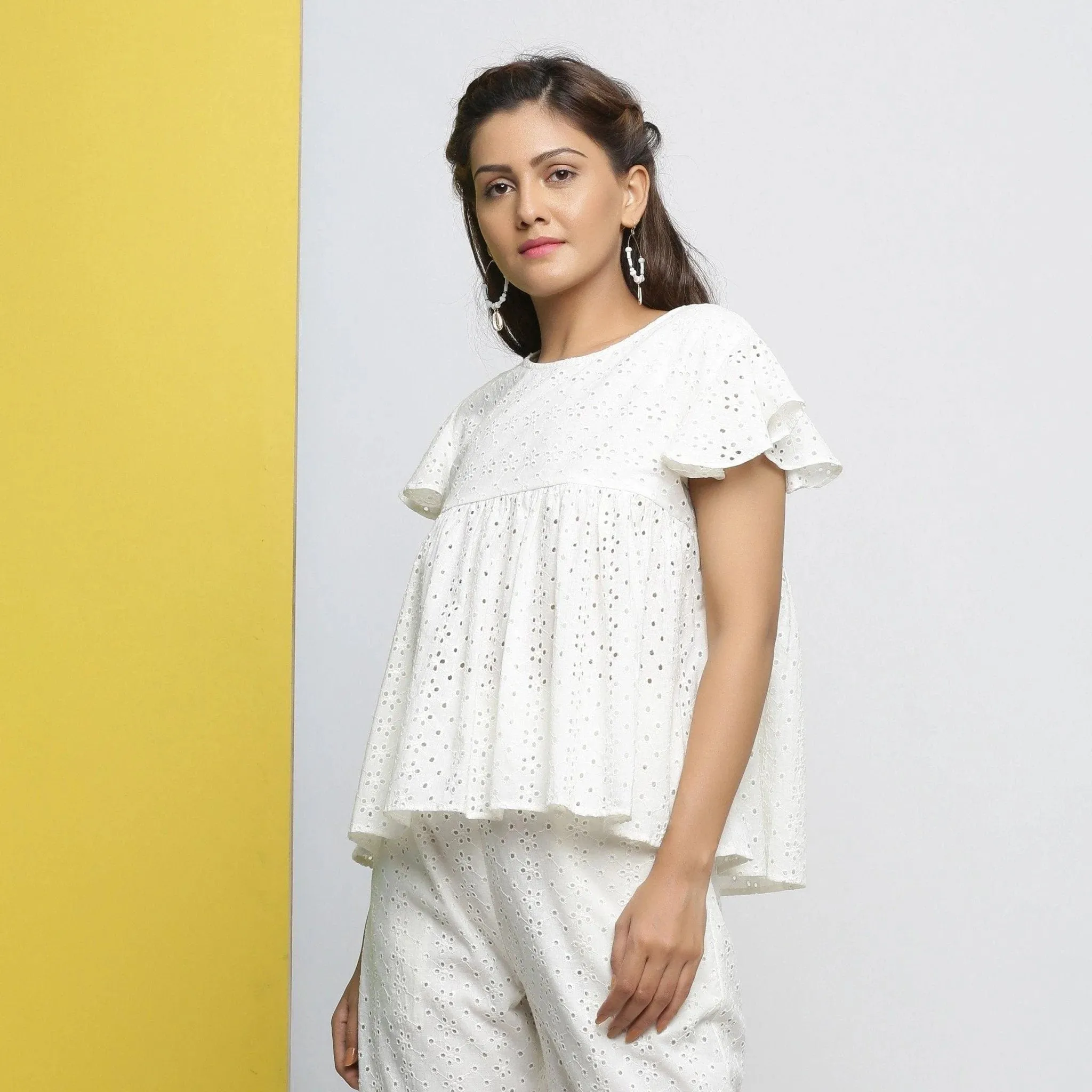 Off-White Floral Cotton Schiffli Yoked Top