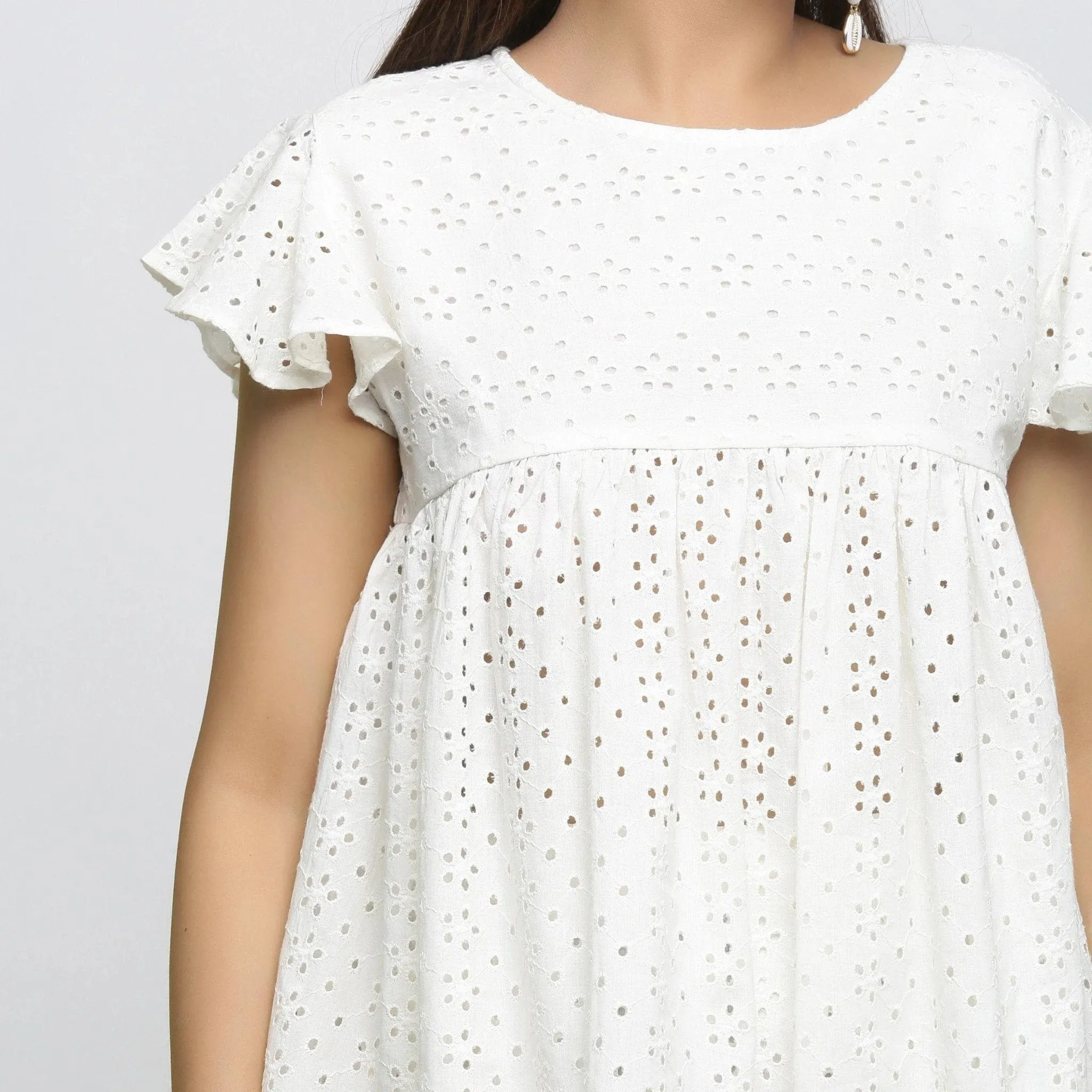 Off-White Floral Cotton Schiffli Yoked Top