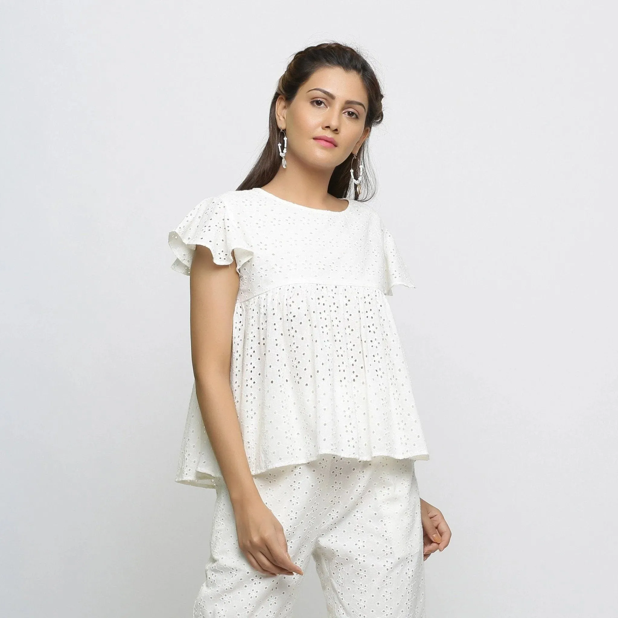 Off-White Floral Cotton Schiffli Yoked Top