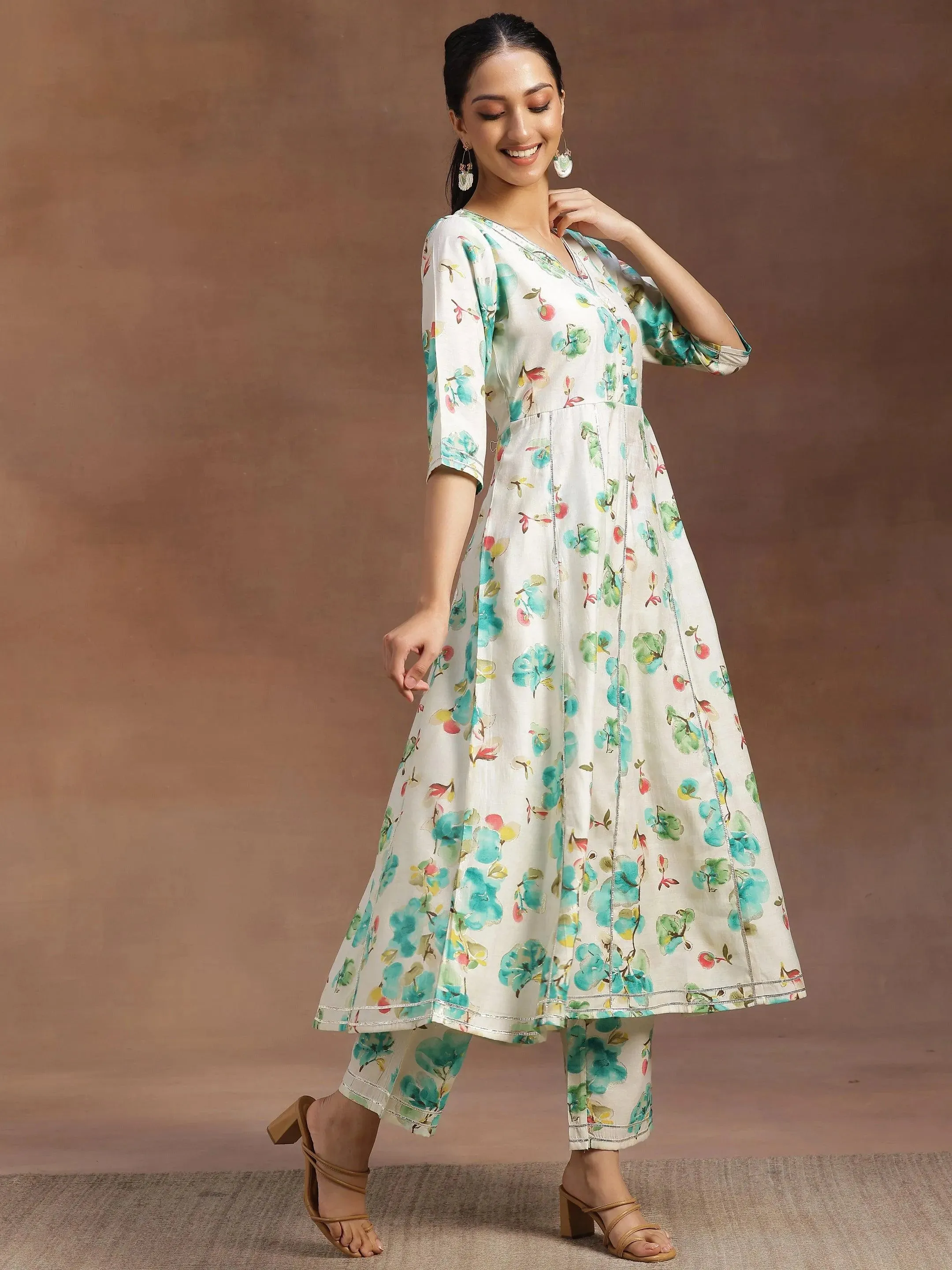Off white Printed Silk Blend Anarkali Kurta With Trousers