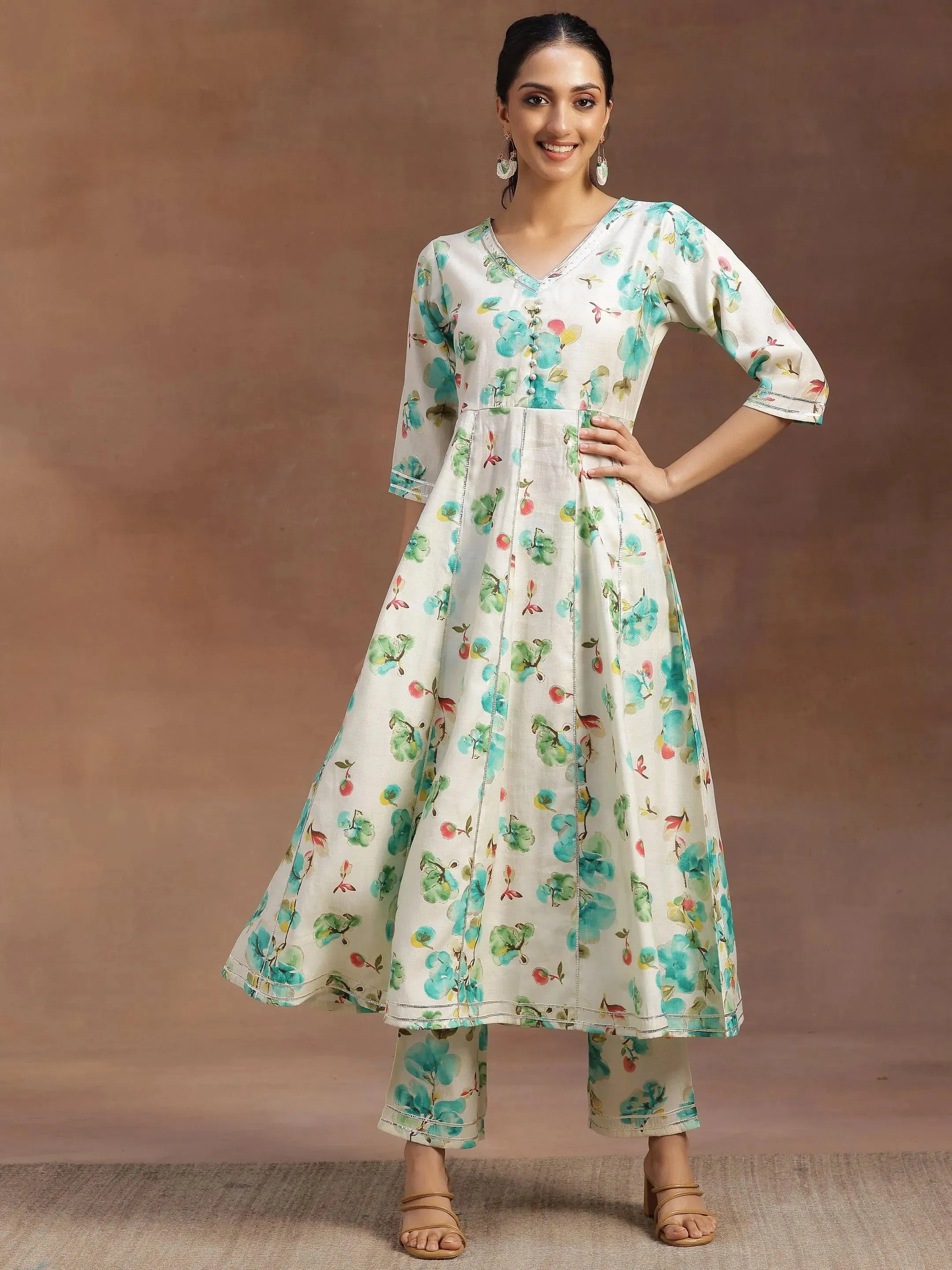Off white Printed Silk Blend Anarkali Kurta With Trousers