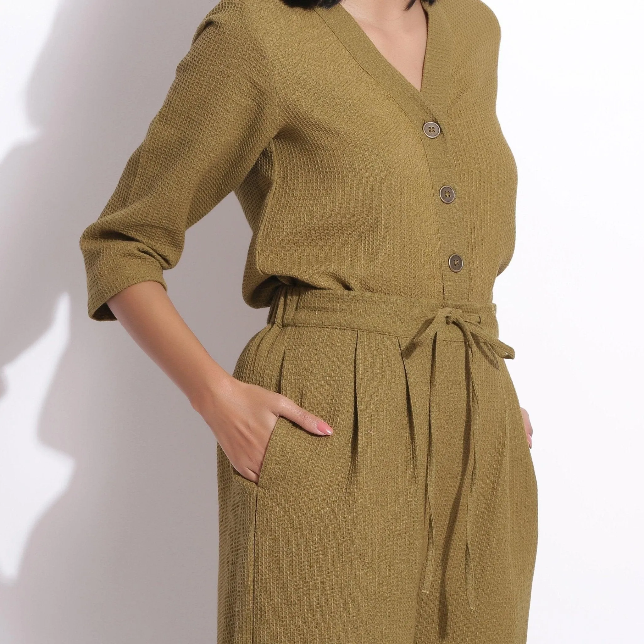 Olive Green Cotton Waffle Top and Culottes Pant Co-ord Set