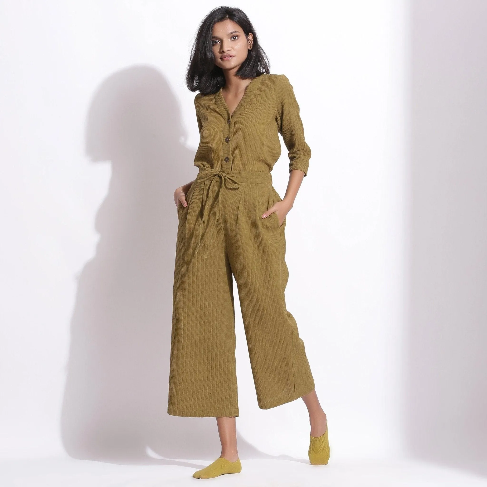 Olive Green Cotton Waffle Top and Culottes Pant Co-ord Set