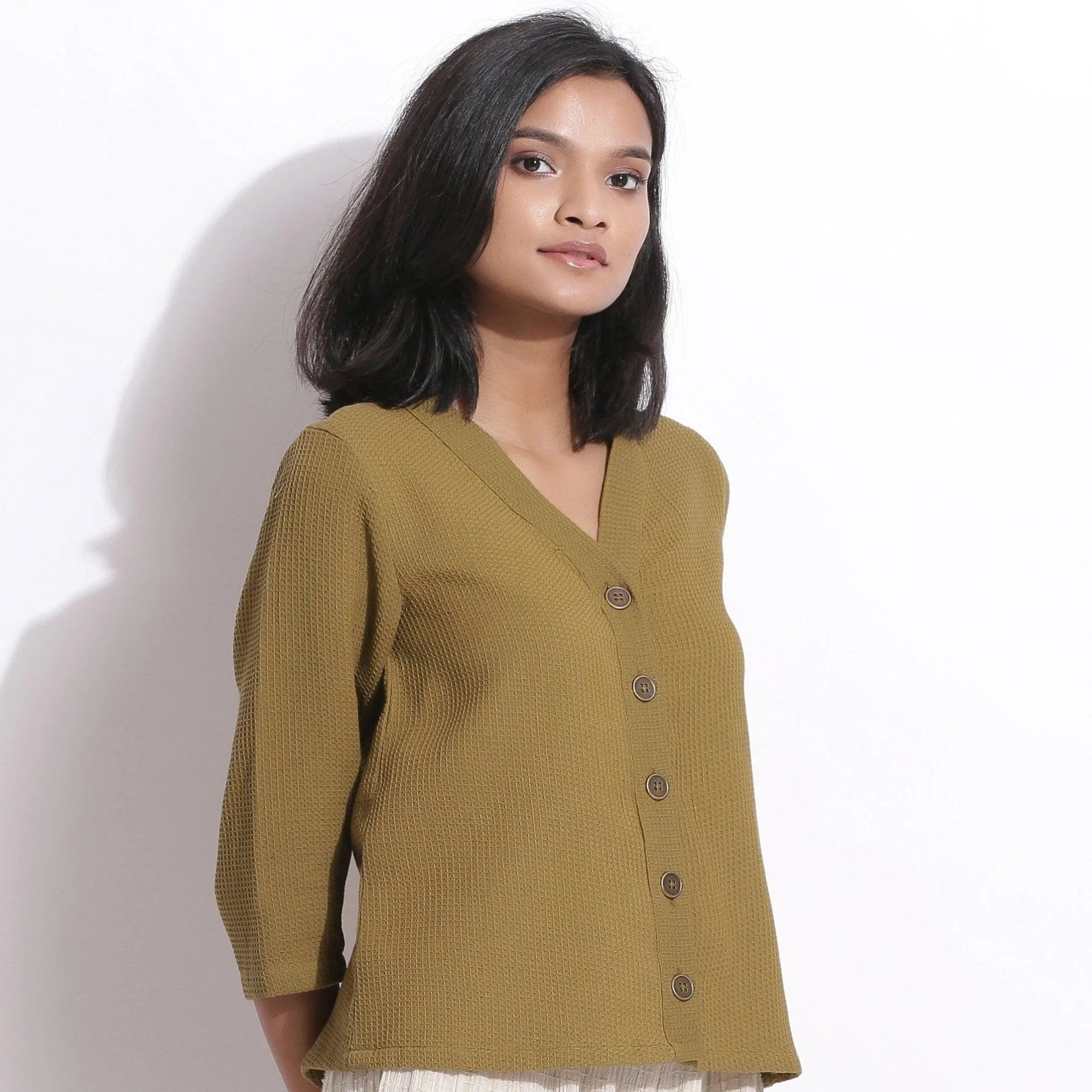 Olive Green Cotton Waffle Top and Culottes Pant Co-ord Set