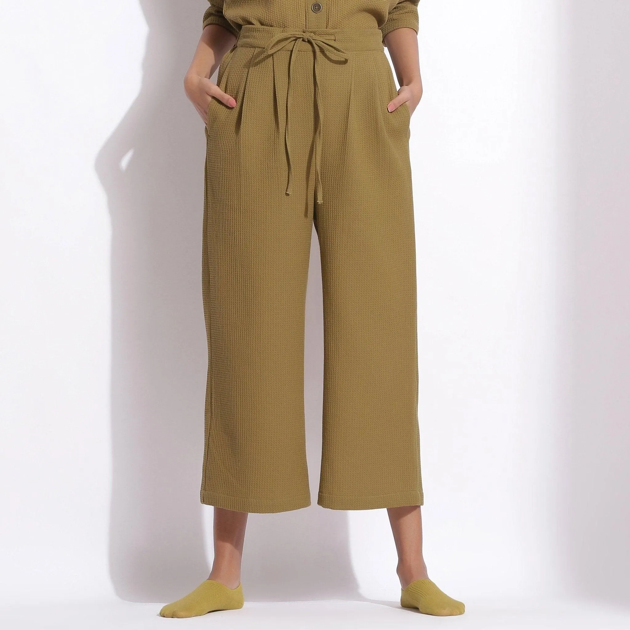 Olive Green Cotton Waffle Top and Culottes Pant Co-ord Set